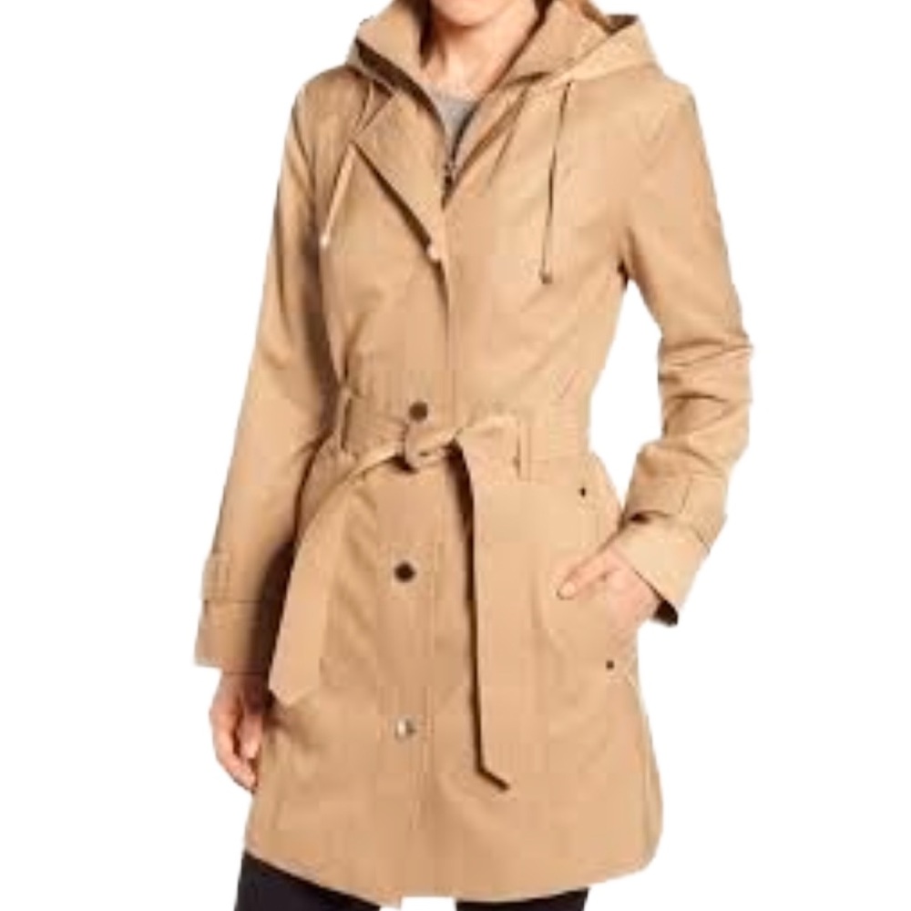 London Fog‎ Classic Camel Belted Snap Front Optional Hood Trench Coat
